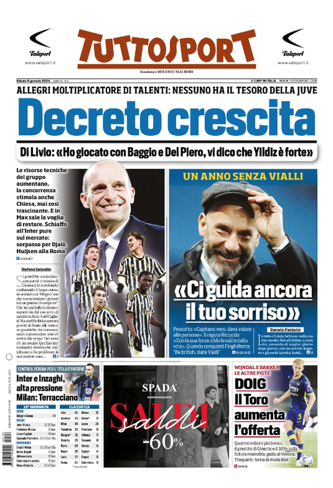 La prima pagina di Tuttosport 06-01-2024