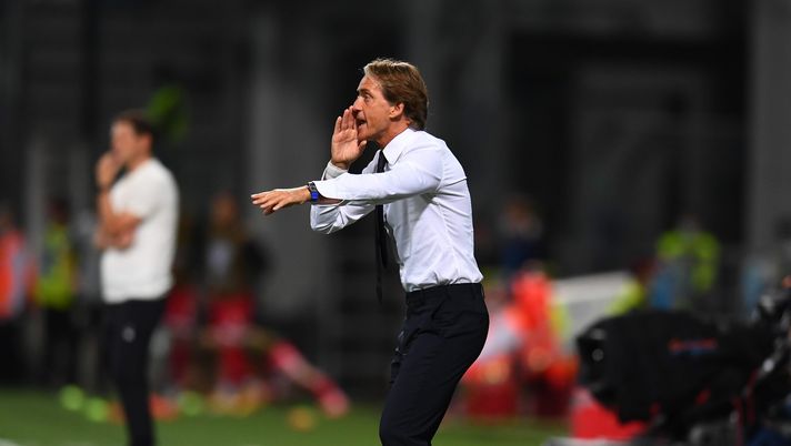 REGGIO NELL'EMILIA, ITALY - SEPTEMBER 08: Head coach of Italy Roberto Mancini reacts during the 2022 FIFA World Cup Qualifier match between Italy and Lithuania at Mapei Stadium - Citta' del Tricolore on September 08, 2021 in Reggio nell'Emilia, Italy. (Photo by Claudio Villa/Getty Images) REGGIO NELL'EMILIA, ITALY - SEPTEMBER 08: Head coach of Italy Roberto Mancini reacts during the 2022 FIFA World Cup Qualifier match between Italy and Lithuania at Mapei Stadium - Citta' del Tricolore on September 08, 2021 in Reggio nell'Emilia, Italy. (Photo by Claudio Villa/Getty Images)