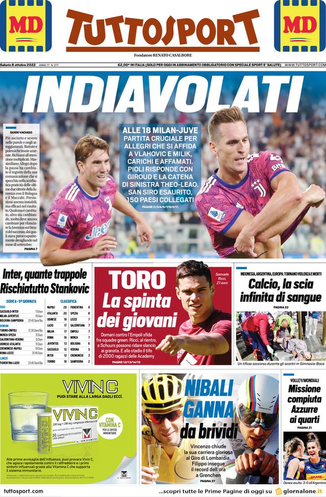 Prima pagina Tuttosport 08/10/2022