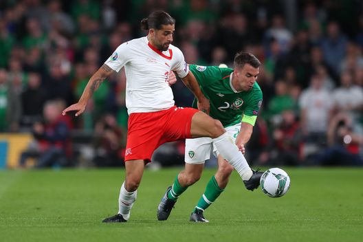 DUBLIN, IRELAND - SEPTEMBER 05: Ricardo Rodriguez of Switzerland is challenged by Seamus Coleman of Republic of Ireland during the UEFA Euro 2020 qualifier between Republic of Ireland and Switzerland at Aviva Stadium on September 05, 2019 in Dublin, Ireland. (Photo by Catherine Ivill/Getty Images) DUBLIN, IRELAND - SEPTEMBER 05: Ricardo Rodriguez of Switzerland is challenged by Seamus Coleman of Republic of Ireland during the UEFA Euro 2020 qualifier between Republic of Ireland and Switzerland at Aviva Stadium on September 05, 2019 in Dublin, Ireland. (Photo by Catherine Ivill/Getty Images)