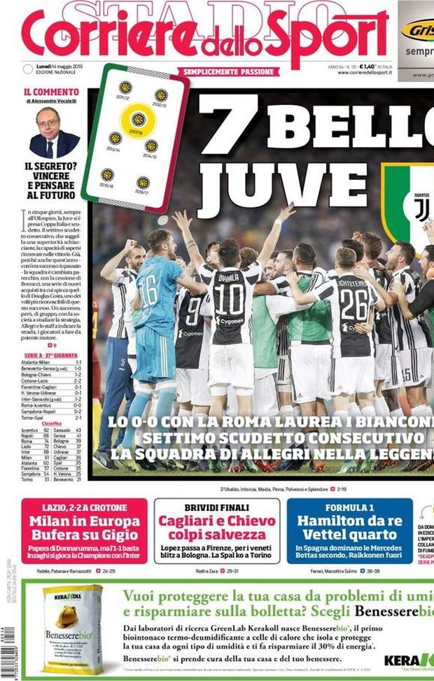 Prima Pagina, Corriere dello Sport: “7 bello Juve. Milan in Europa, bufera su Gigio. Lazio-Inter sfida Champions. Brividi finali…” Prima Pagina, Corriere dello Sport: “7 bello Juve. Milan in Europa, bufera su Gigio. Lazio-Inter sfida Champions. Brividi finali…”