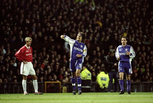 15 Mar 2000: Gabriel Batistuta of Fiorentina celebrates his goal during the UEFA Champions League match against Manchester United at Old Trafford in Manchester, England. Manchester United won the match 3-1. Mandatory Credit: Ross Kinnaird /Allsport 15 Mar 2000: Gabriel Batistuta of Fiorentina celebrates his goal during the UEFA Champions League match against Manchester United at Old Trafford in Manchester, England. Manchester United won the match 3-1. Mandatory Credit: Ross Kinnaird /Allsport