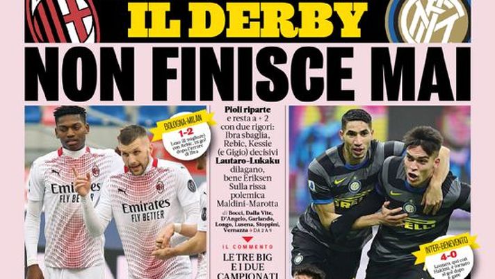 Prima Pagina, Gazzetta dello Sport: “Milan e Inter, il derby non finisce mai. Chiesa-Chiellini, rincorsa Juve” 