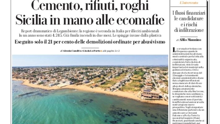 Prima Pagina, La Repubblica-Palermo: “Sicilia in mano alle ecomafie” Prima Pagina, La Repubblica-Palermo: “Sicilia in mano alle ecomafie” - immagine 1