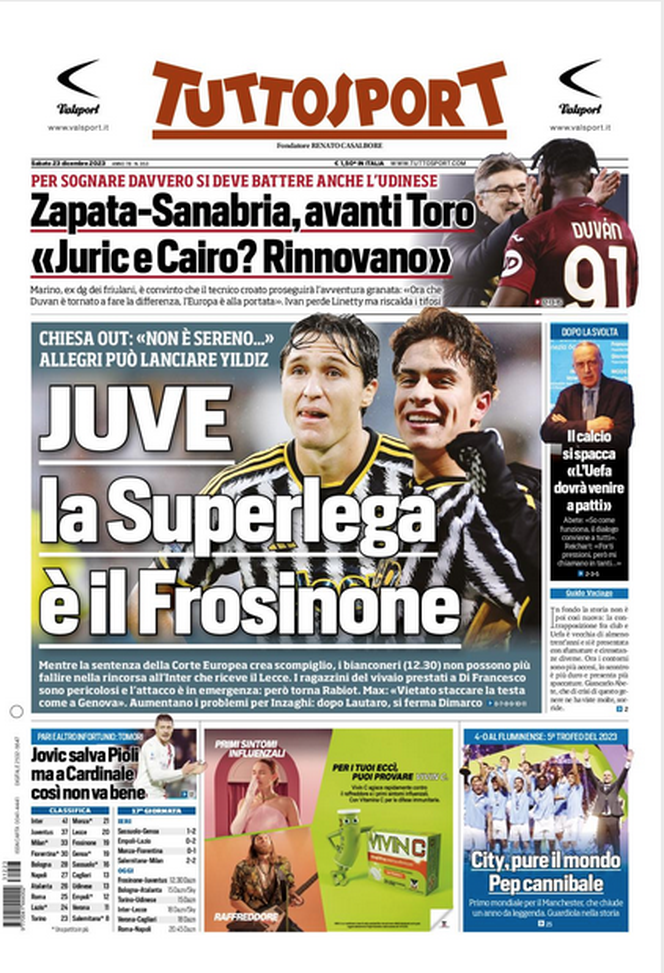 La prima pagina di Tuttosport 23-12-2023