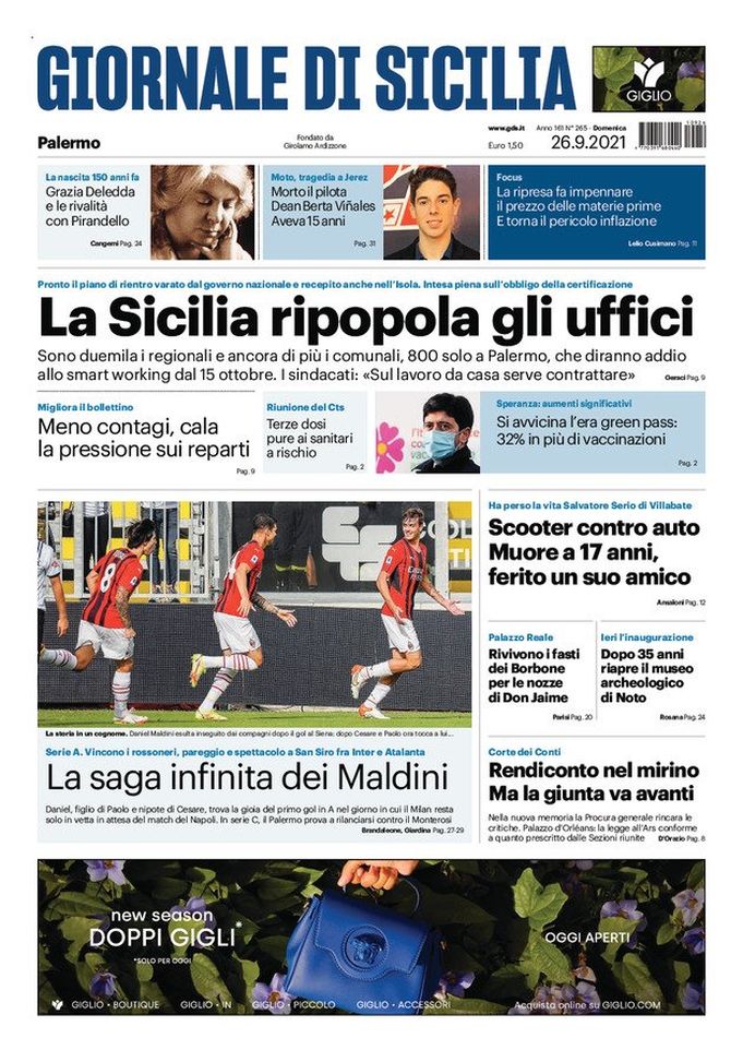 Prima Pagina Giornale di Sicilia: “La saga infinita dei Maldini. Palermo prova a rilanciarsi” 