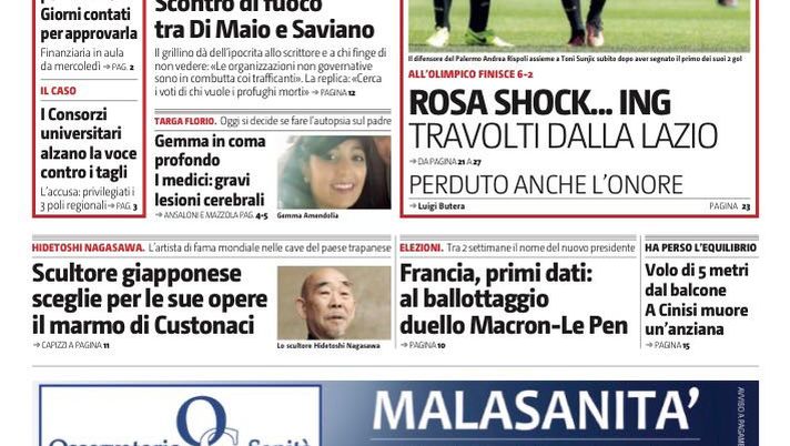 Prima Pagina, Giornale di Sicilia: “Rosa shock… ing. Perduto anche l’onore” Prima Pagina, Giornale di Sicilia: “Rosa shock… ing. Perduto anche l’onore”