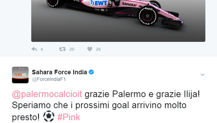 Force India risponde al Palermo e all’esultanza di Nestorovski: “Ilija, speriamo che torni a segnare presto!” 