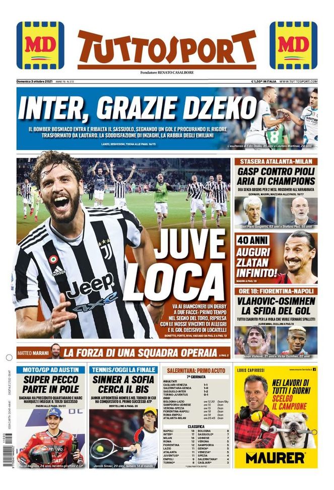 Prima Pagina, Tuttosport: “Juve Loca. Inter, grazie Dzeko. Auguri Zlatan infinito!” - immagine 1