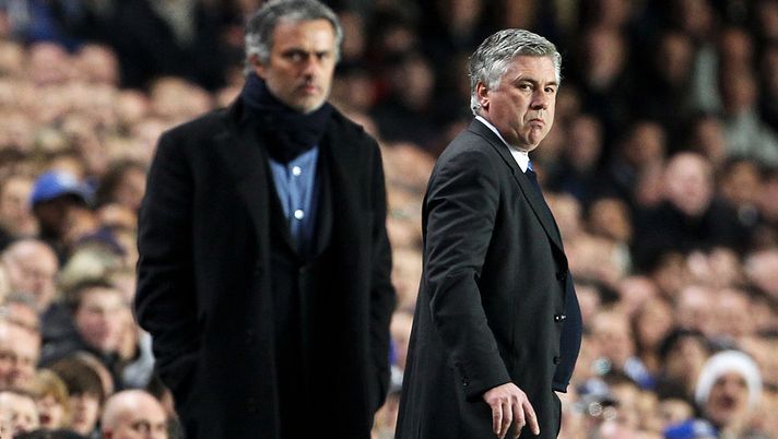 LONDON, ENGLAND - MARCH 16: Carlo Ancelotti, Manager of Chelsea looks on with Jose Mourinho, Coach of Inter Milan during the UEFA Champions League Round of 16 second leg match between Chelsea and Inter Milan at Stamford Bridge on March 16, 2010 in London, England. (Photo by Phil Cole/Getty Images) LONDON, ENGLAND - MARCH 16: Carlo Ancelotti, Manager of Chelsea looks on with Jose Mourinho, Coach of Inter Milan during the UEFA Champions League Round of 16 second leg match between Chelsea and Inter Milan at Stamford Bridge on March 16, 2010 in London, England. (Photo by Phil Cole/Getty Images)