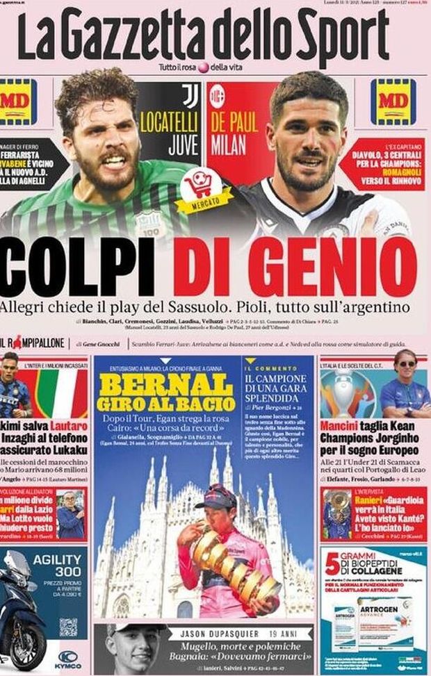 Prima Pagina, La Gazzetta dello Sport: “Colpi di genio. Locatelli Juve, De Paul Milan”  Prima Pagina, La Gazzetta dello Sport: “Colpi di genio. Locatelli Juve, De Paul Milan”