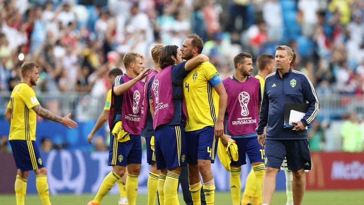 SAMARA, RUSSIA - JULY 07: Gustav Svensson of Sweden consoles teammate Andreas Granqvist following their sides defeat in the 2018 FIFA World Cup Russia Quarter Final match between Sweden and England at Samara Arena on July 7, 2018 in Samara, Russia. (Photo by Ryan Pierse/Getty Images) SAMARA, RUSSIA - JULY 07: Gustav Svensson of Sweden consoles teammate Andreas Granqvist following their sides defeat in the 2018 FIFA World Cup Russia Quarter Final match between Sweden and England at Samara Arena on July 7, 2018 in Samara, Russia. (Photo by Ryan Pierse/Getty Images)