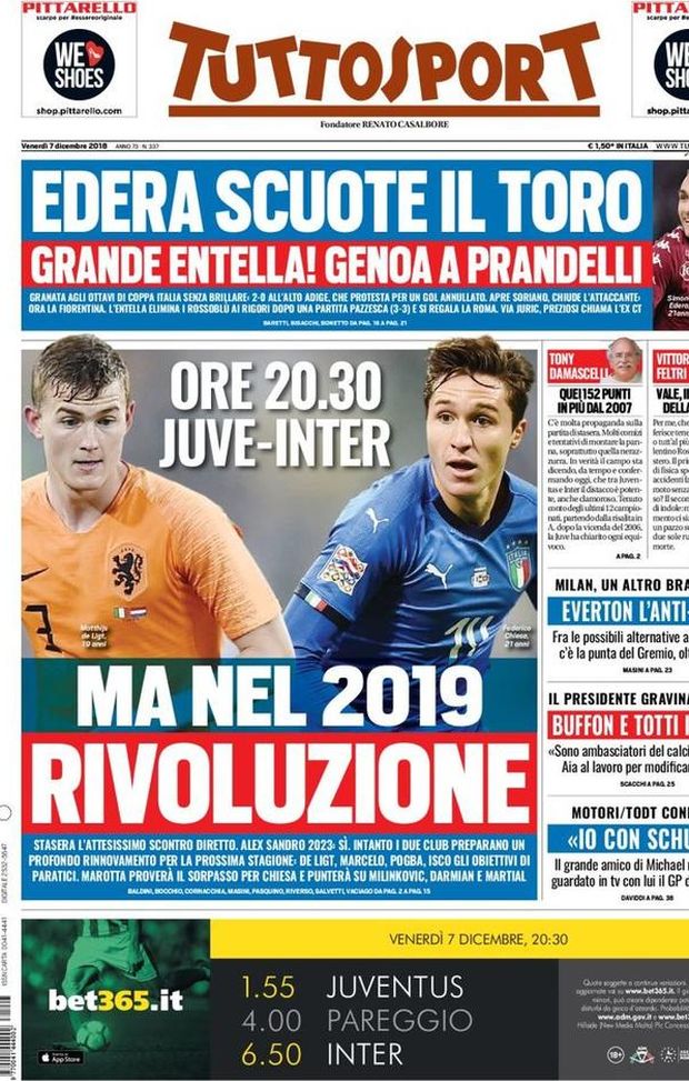 Prima Pagina, Tuttosport: “Rivoluzione, ma nel 2019. Everton l’anti-Ibra. Grande Entella! Buffon e Totti in FIGC…” Prima Pagina, Tuttosport: “Rivoluzione, ma nel 2019. Everton l’anti-Ibra. Grande Entella! Buffon e Totti in FIGC…”