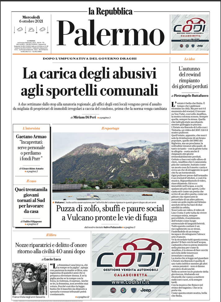 Prima Pagina, La Repubblica Palermo: “La carica degli abusivi agli sportelli comunali” Prima Pagina, La Repubblica Palermo: “La carica degli abusivi agli sportelli comunali” - immagine 1