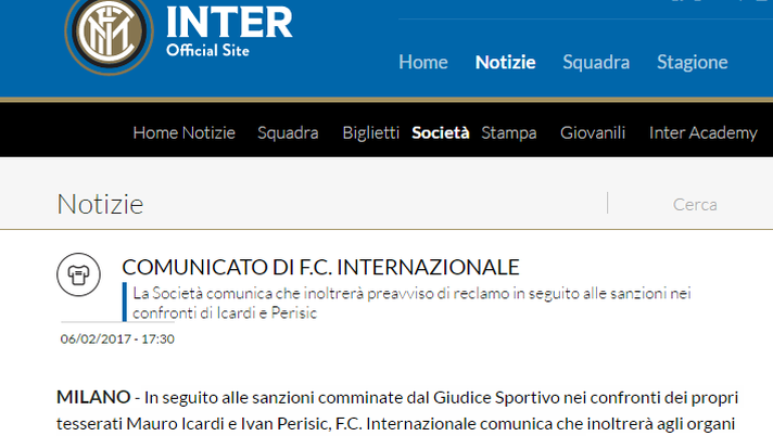 Inter: ufficiale, presentato ricorso contro squalifiche Icardi e Perisic  Inter: ufficiale, presentato ricorso contro squalifiche Icardi e Perisic