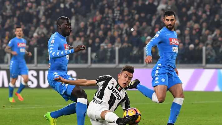 TURIN, ITALY - FEBRUARY 28: Paulo Dybala (C) of Juventus FC in action against Kalidou Koulibaly (L) of SSC Napoli during the TIM Cup match between Juventus FC and SSC Napoli at Juventus Arena on February 28, 2017 in Turin, Italy. (Photo by Valerio Pennicino/Getty Images) TURIN, ITALY - FEBRUARY 28: Paulo Dybala (C) of Juventus FC in action against Kalidou Koulibaly (L) of SSC Napoli during the TIM Cup match between Juventus FC and SSC Napoli at Juventus Arena on February 28, 2017 in Turin, Italy. (Photo by Valerio Pennicino/Getty Images)
