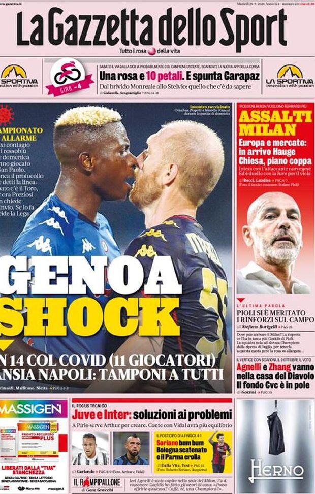 La Gazzetta dello Sport, prima pagina 29 settembre 2020 