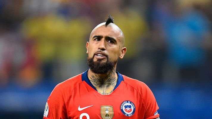 SAO PAULO, BRAZIL - JUNE 28: Arturo Vidal of Chile celebrates after scoring his penalty during a shootout after the Copa America Brazil 2019 quarterfinal match between Colombia and Chile at Arena Corinthians on June 28, 2019 in Sao Paulo, Brazil. (Photo by Pedro Vilela/Getty Images) SAO PAULO, BRAZIL - JUNE 28: Arturo Vidal of Chile celebrates after scoring his penalty during a shootout after the Copa America Brazil 2019 quarterfinal match between Colombia and Chile at Arena Corinthians on June 28, 2019 in Sao Paulo, Brazil. (Photo by Pedro Vilela/Getty Images)