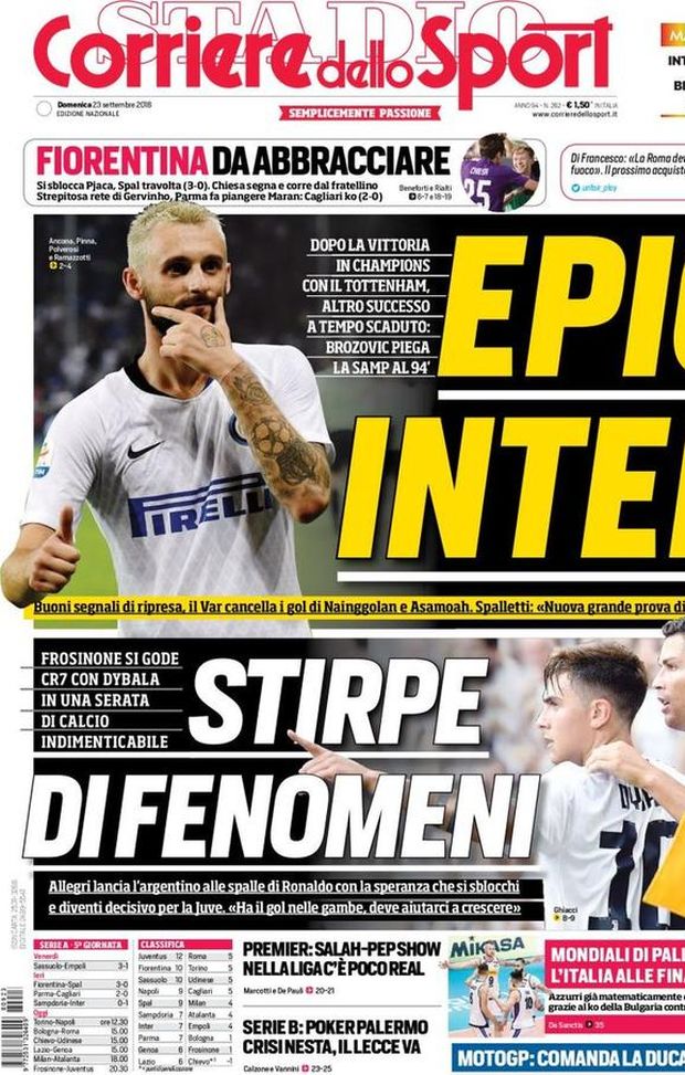 Prima Pagina, Corriere dello Sport: “Epic Inter. Stirpe di fenomeni. Poker Palermo. Firoentina da abbracciare…” Prima Pagina, Corriere dello Sport: “Epic Inter. Stirpe di fenomeni. Poker Palermo. Firoentina da abbracciare…”