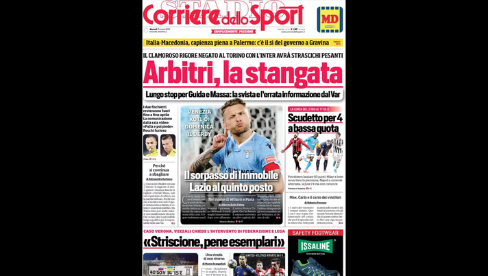 Prima Pagina, Corriere dello Sport: “Arbitri, la stangata. Il sorpasso di Immobile” Prima Pagina
