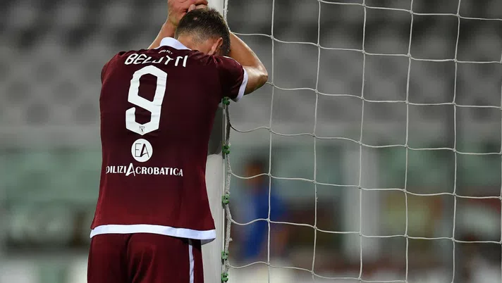 TURIN, ITALY - JULY 22:  Andrea Belotti of Torino FC shows his dejection after strike a post during the Serie A match between Torino FC and  Hellas Verona at Stadio Olimpico di Torino on July 22, 2020 in Turin, Italy.  (Photo by Valerio Pennicino/Getty Images)