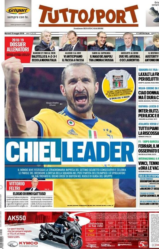Prima Pagina, Tuttosport: “ChielLeader. Mancini ct fino al 2020: Balotelli e 4-2-3-1. Sarri al capolinea. Ciao Donnarumma…” Prima Pagina, Tuttosport: “ChielLeader. Mancini ct fino al 2020: Balotelli e 4-2-3-1. Sarri al capolinea. Ciao Donnarumma…”