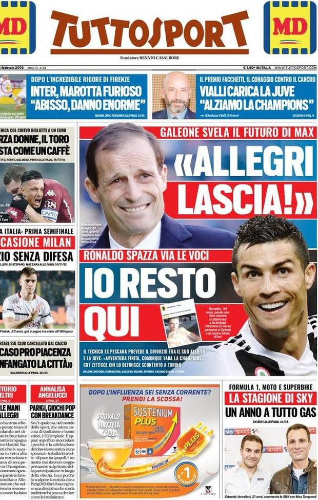 Prima Pagina, Tuttosport: “Allegri lascia! Inter, Marotta furioso. Occasione Milan, Lazio senza difesa…” Prima Pagina, Tuttosport: “Allegri lascia! Inter, Marotta furioso. Occasione Milan, Lazio senza difesa…”