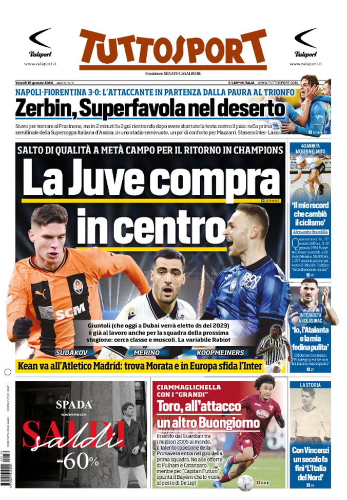 La prima pagina Tuttosport 19-01-2024