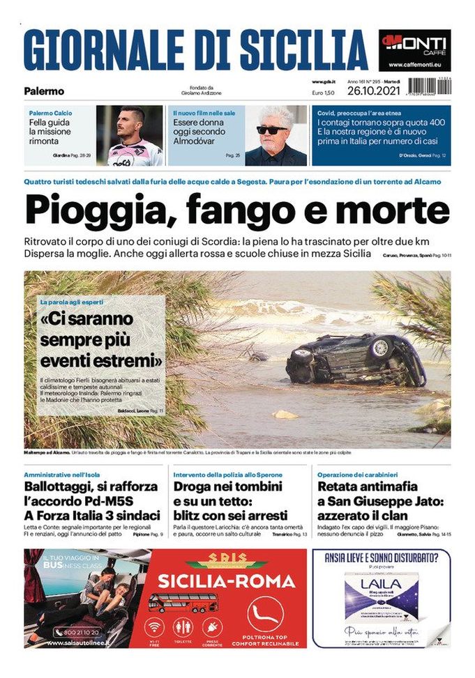 Prima Pagina, Giornale di Sicilia: “Pioggia, fango e morte” - immagine 1
