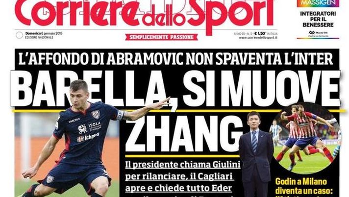 Prima Pagina, Corriere dello Sport: &#8220;Barella, si muove Zhang. Kouame va al Napoli. Tifoso ucciso, otto indagati&#8230;&#8221; 