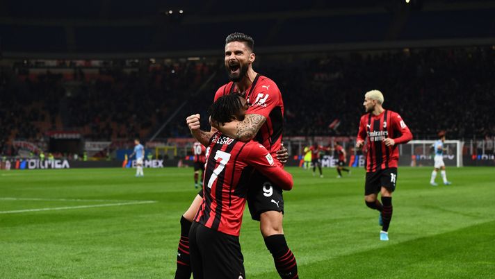 MILAN, ITALY - FEBRUARY 09: Rafael Leao of AC Milan celebrates with teammate Olivier Giroud after scoring the opening goal during the Coppa Italia match between AC Milan ac SS Lazio at Stadio Giuseppe Meazza on February 09, 2022 in Milan, Italy. (Photo by Claudio Villa/AC Milan via Getty Images) AC Milan v SS Lazio - Coppa Italia