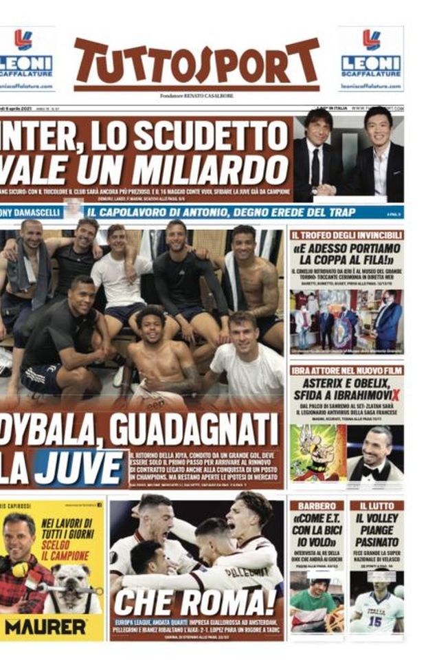 Prima Pagina, Tuttosport: &#8220;Inter, lo scudetto vale un miliardo. Dybala, guadagnati la Juve&#8221; 