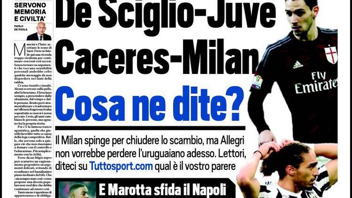Prima Pagina, Tuttosport: “Ballardini querela Sorrentino, Mancini accetta le scuse. Non c’è pace per Sarri. De Sciglio-Juve, Caceres-Milan”  Prima Pagina, Tuttosport: “Ballardini querela Sorrentino, Mancini accetta le scuse. Non c’è pace per Sarri. De Sciglio-Juve, Caceres-Milan”
