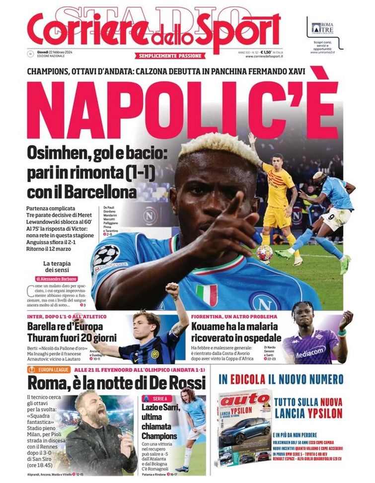 EDICOLA CDS – Barella re d’Europa. Berti: “Da Pallone d’Oro”. Thuram fuori 20 giorni EDICOLA CDS – Barella re d’Europa. Berti: “Da Pallone d’Oro”. Thuram fuori 20 giorni - immagine 1