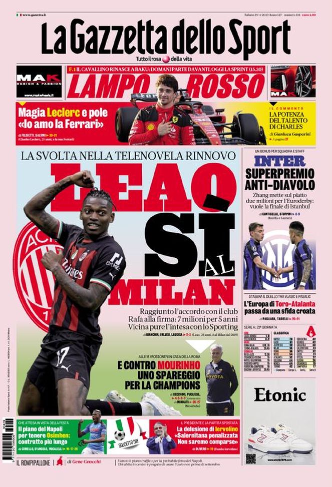 Prima Pagina Gazzetta Dello Sport “leao Si Al Milan” Pianeta Milan