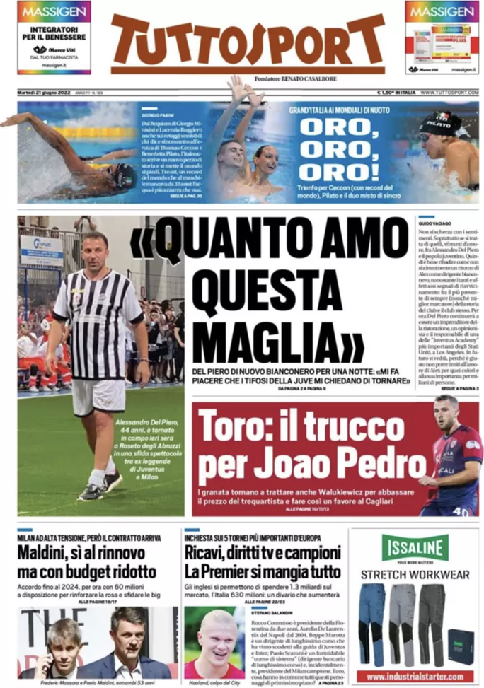 Prima Pagina, Tuttosport: “Toro, trucco per Joao Pedro. Maldini, si al rinnovo” prima pagina