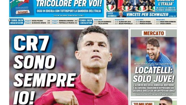 Prima Pagina, Tuttosport: “CR7, sono sempre io! Locatelli: solo Juve. Hakimi al PSG”  Prima Pagina, Tuttosport: “CR7, sono sempre io! Locatelli: solo Juve. Hakimi al PSG”