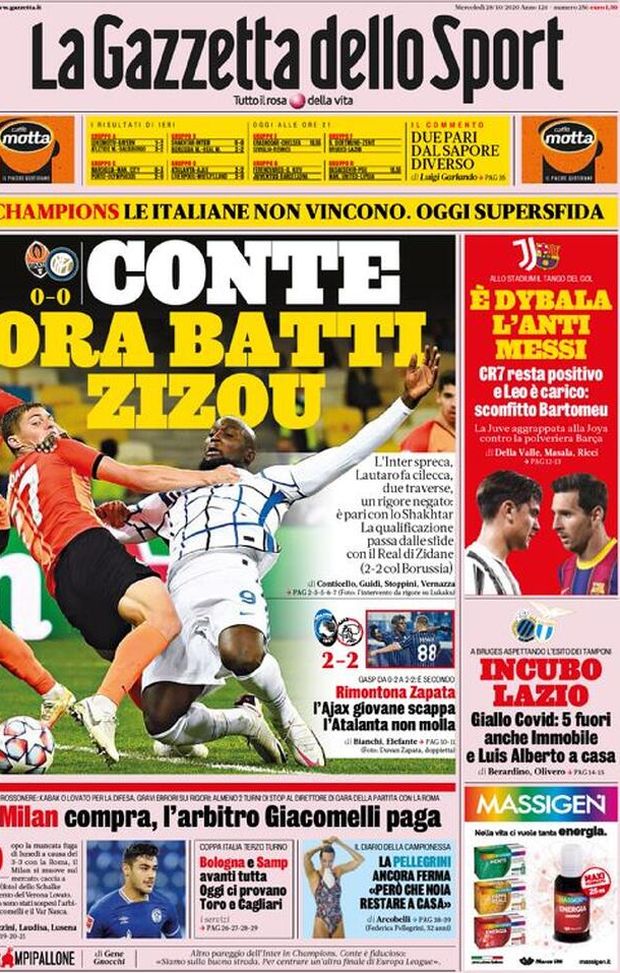 La prima pagina della Gazzetta dello Sport, in edicola oggi, 28 ottobre 