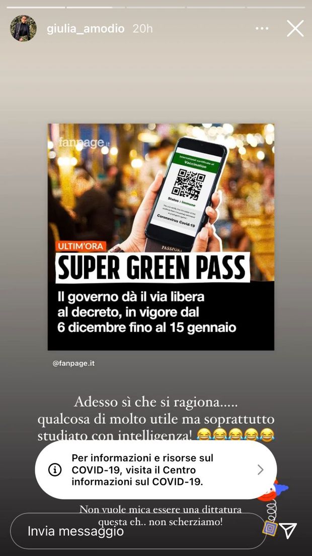 Giulia Amodio si esprime sul super green-pass, piovono insulti. Lei: “Vi denuncio”- immagine 2