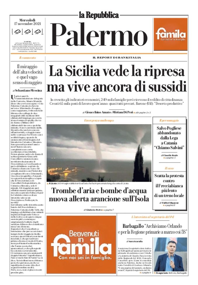 Prima Pagina, La Repubblica-Palermo: “La Sicilia vede la ripresa ma vive ancora di sussidi” Prima Pagina, La Repubblica-Palermo: “La Sicilia vede la ripresa ma vive ancora di sussidi” - immagine 1