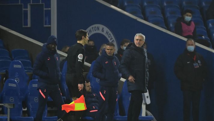 BRIGHTON, ENGLAND - JANUARY 31: Jose Mourinho, Manager of Tottenham Hotspur reacts during the Premier League match between Brighton & Hove Albion and Tottenham Hotspur at American Express Community Stadium on January 31, 2021 in Brighton, England. Sporting stadiums around the UK remain under strict restrictions due to the Coronavirus Pandemic as Government social distancing laws prohibit fans inside venues resulting in games being played behind closed doors. (Photo by Mike Hewitt/Getty Images) BRIGHTON, ENGLAND - JANUARY 31: Jose Mourinho, Manager of Tottenham Hotspur reacts during the Premier League match between Brighton & Hove Albion and Tottenham Hotspur at American Express Community Stadium on January 31, 2021 in Brighton, England. Sporting stadiums around the UK remain under strict restrictions due to the Coronavirus Pandemic as Government social distancing laws prohibit fans inside venues resulting in games being played behind closed doors. (Photo by Mike Hewitt/Getty Images)