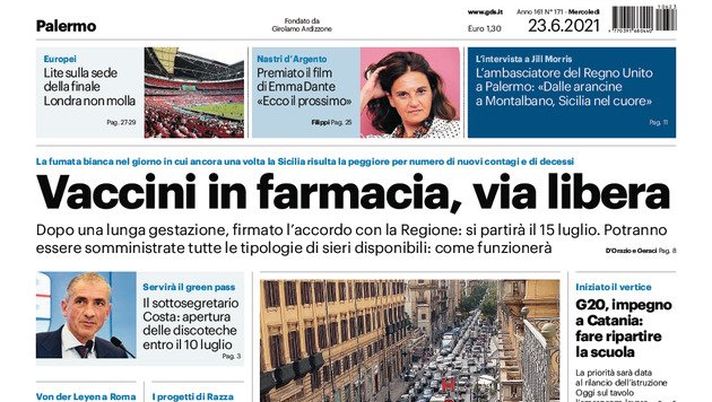 Prima Pagina,Giornale di Sicilia: &#8220;Vaccini in farmacia. Lite sulla sede della finale&#8221; 