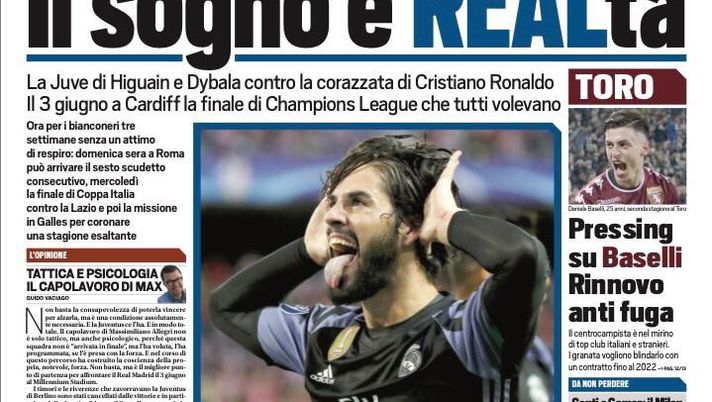 Prima Pagina, Tuttosport: “Juve, il sogno è REALtà. Rivoluzione Inter, Sabatini porta Conte e Nainggolan” 