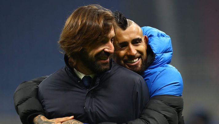 MILAN, ITALY - JANUARY 17: Andrea Pirlo, Head Coach of Juventus interacts with Arturo Vidal of Internazionale following the Serie A match between FC Internazionale and Juventus at Stadio Giuseppe Meazza on January 17, 2021 in Milan, Italy. Sporting stadiums around Italy remain under strict restrictions due to the Coronavirus Pandemic as Government social distancing laws prohibit fans inside venues resulting in games being played behind closed doors. (Photo by Marco Luzzani/Getty Images) MILAN, ITALY - JANUARY 17: Andrea Pirlo, Head Coach of Juventus interacts with Arturo Vidal of Internazionale following the Serie A match between FC Internazionale and Juventus at Stadio Giuseppe Meazza on January 17, 2021 in Milan, Italy. Sporting stadiums around Italy remain under strict restrictions due to the Coronavirus Pandemic as Government social distancing laws prohibit fans inside venues resulting in games being played behind closed doors. (Photo by Marco Luzzani/Getty Images)
