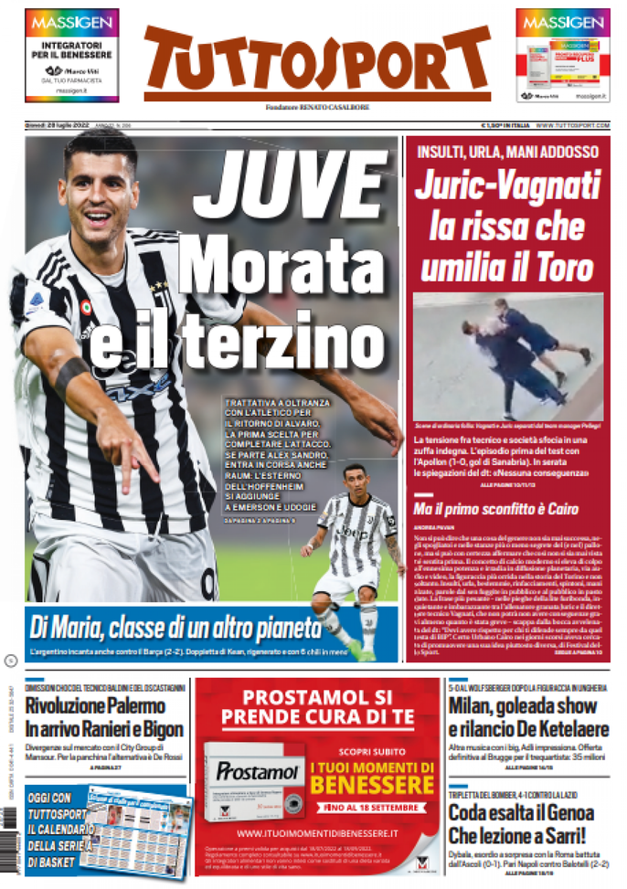 Tuttosport, la prima pagina di oggi, giovedì 28 luglio 2022