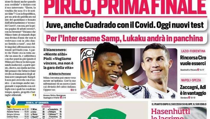 Prima Pagina, Corriere dello Sport: &#8220;Roma, vigilia shock! Prima finale per Pirlo, l&#8217;Inter&#8230;&#8221; 
