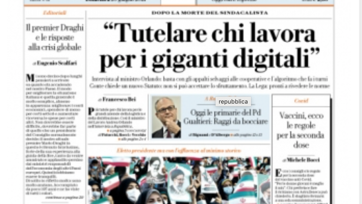 Prima Pagina, La Repubblica-Palermo: “Tutelare chi lavora per i giganti digitali” 