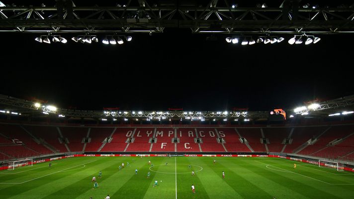 PIRAEUS, GREECE - MARCH 12: (FREE FOR EDITORIAL USE) In this handout image provided by UEFA, General view of empty seats during the UEFA Europa League round of 16 first leg match between Olympiacos FC and Wolverhampton Wanderers at Karaiskakis Stadium on March 12, 2020 in Piraeus, Greece. The match is played behind closed doors as a precaution against the spread of COVID-19 (Coronavirus). (Photo by UEFA - Handout/UEFA via Getty Images) olympiacos