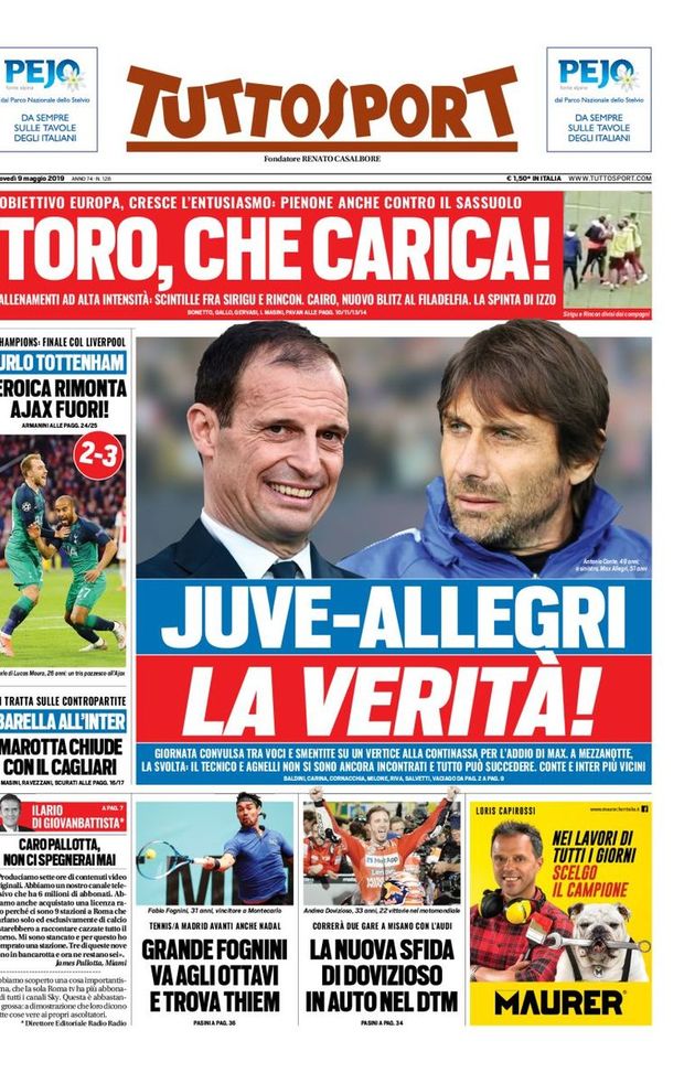 Prima Pagina, Tuttosport: “Juve-Allegri, la verità! Urlo Tottenham. Barella all’Inter” Prima Pagina, Tuttosport: “Juve-Allegri, la verità! Urlo Tottenham. Barella all’Inter”
