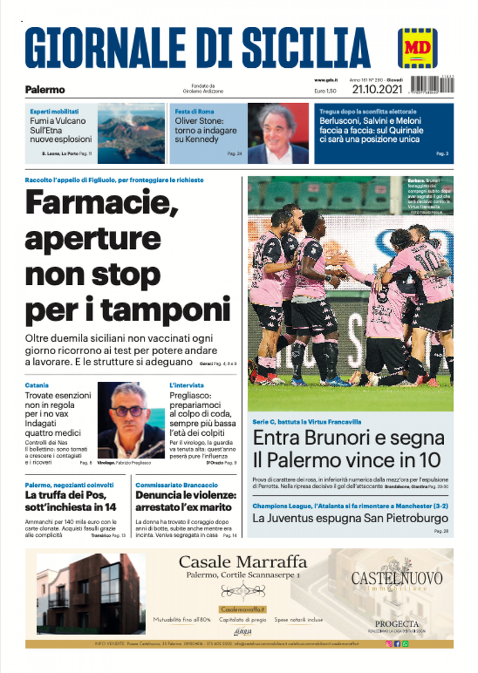 Prima Pagina, Giornale di Sicilia: “Entra Brunori e segna. Il Palermo vince in 10”  Prima Pagina, Giornale di Sicilia: “Entra Brunori e segna. Il Palermo vince in 10” - immagine 1